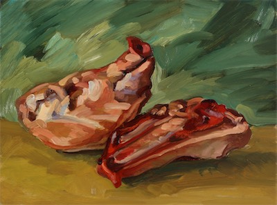 Half Pig Heads I; oil on board, 38 x 50, 2015